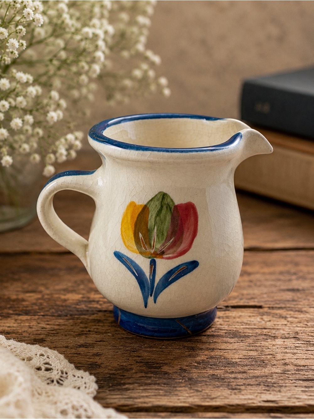 Vintage Danish Signed‎ Paul Ceramic Tulip Pitcher Hand Painted Blue Rim 4.25”